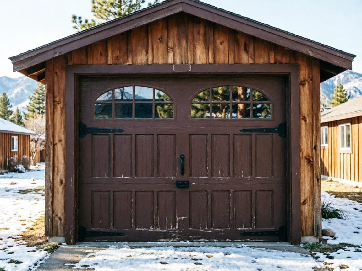 The brown wooden garage door has arched windows and peeling paint.