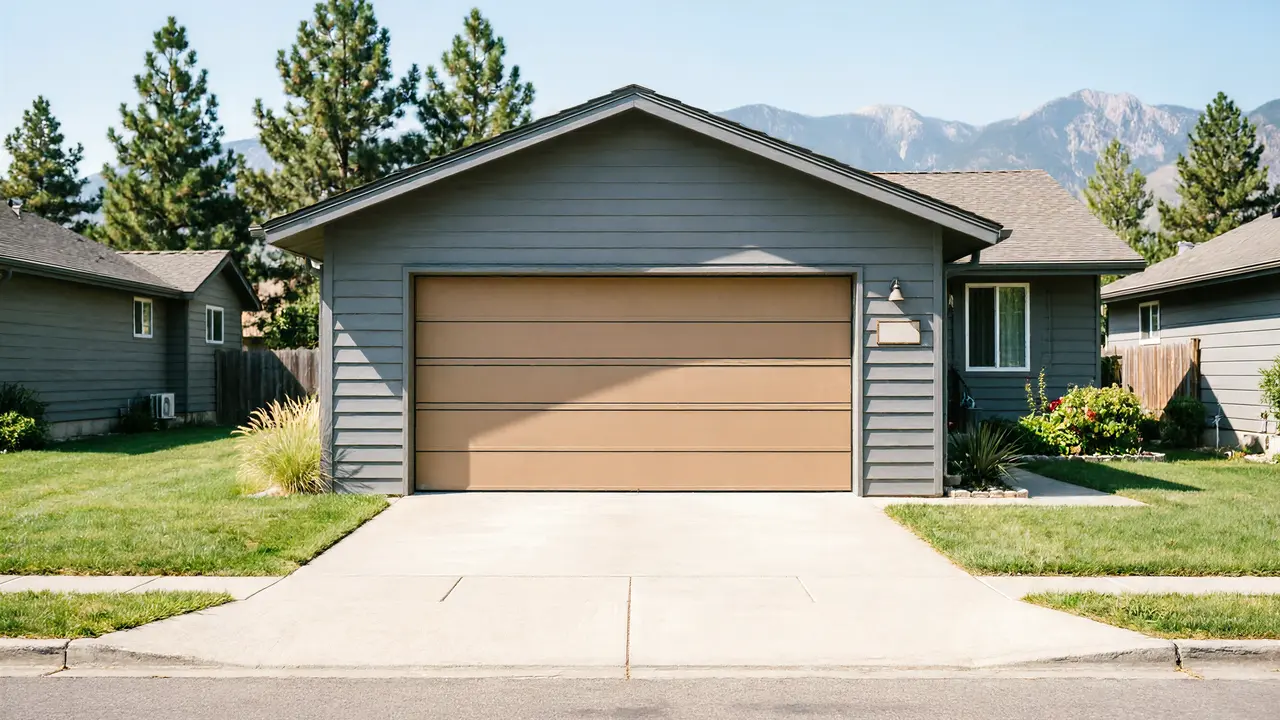 The house has a brown garage door and gray siding, with mountains in the background.