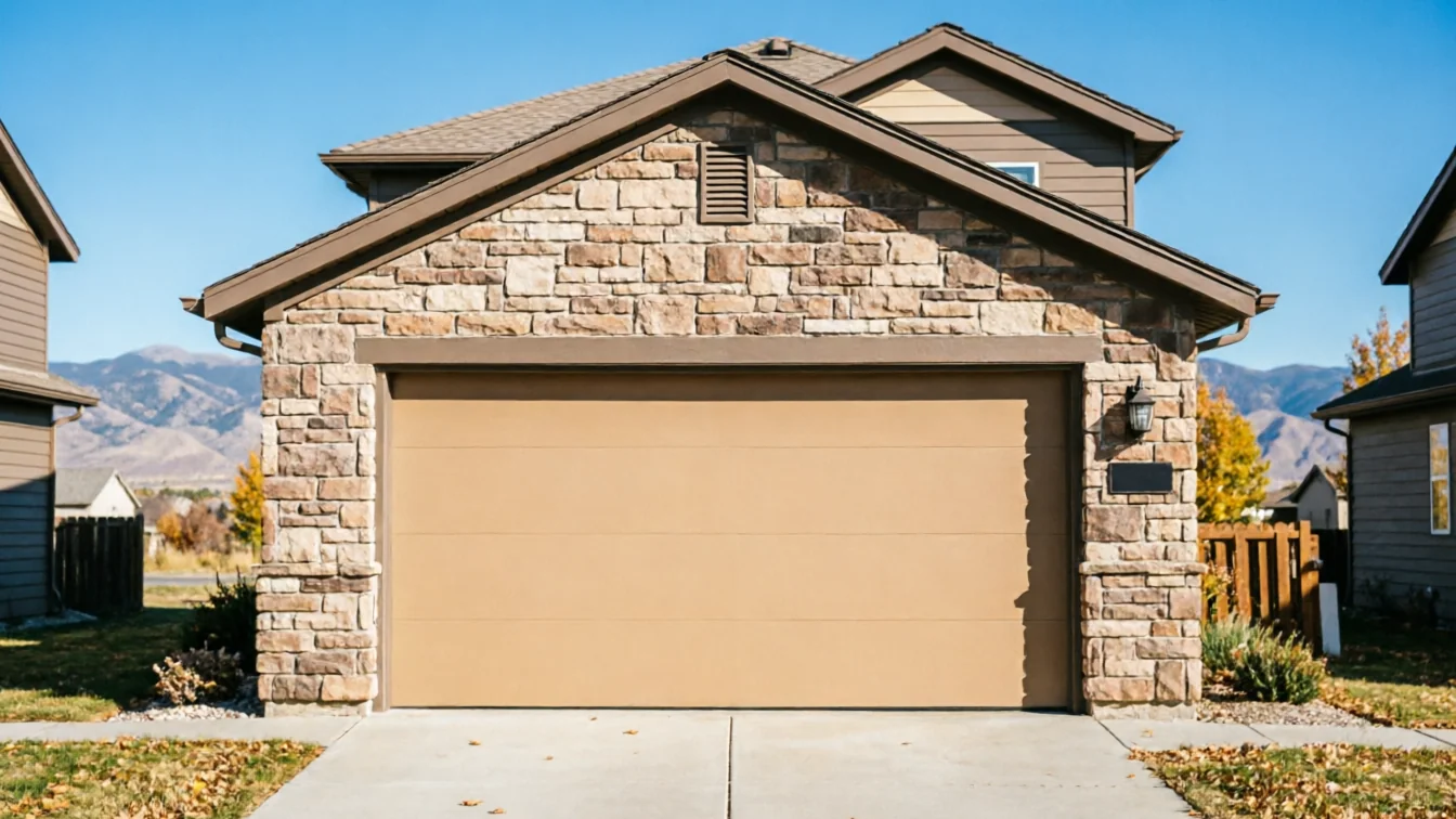 A brown garage door on a stone house with a clear blue sky.