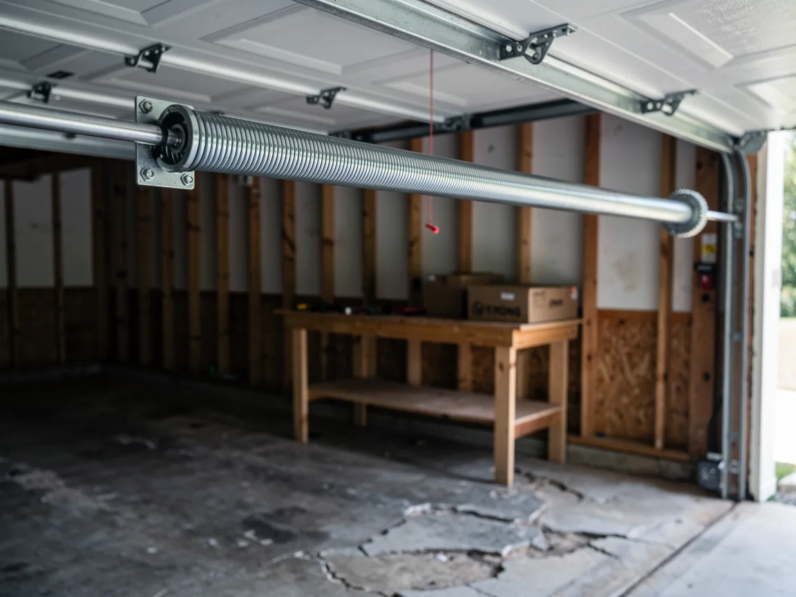 A torsion spring is mounted above a white garage door in a garage.