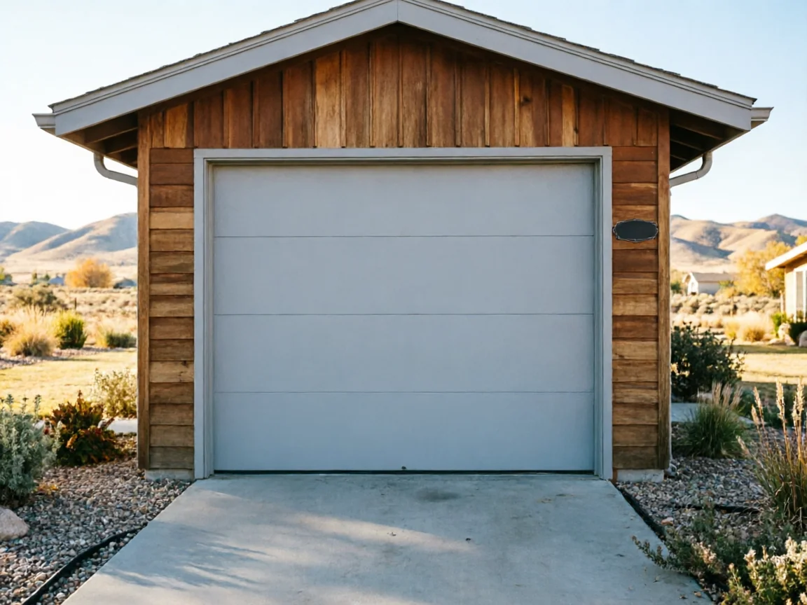 A light gray garage door is centered on a wooden garage with a concrete driveway.