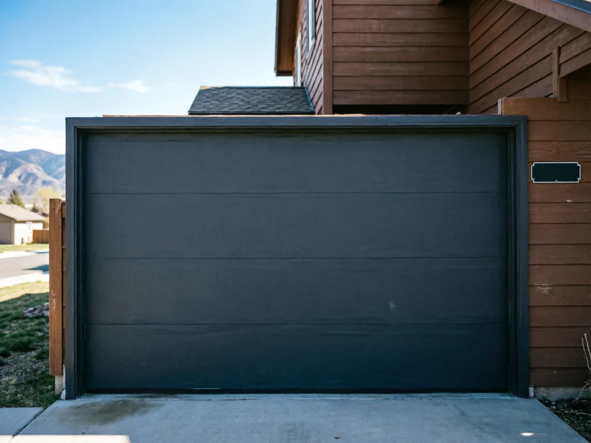 A dark gray garage door is closed on a brown house.