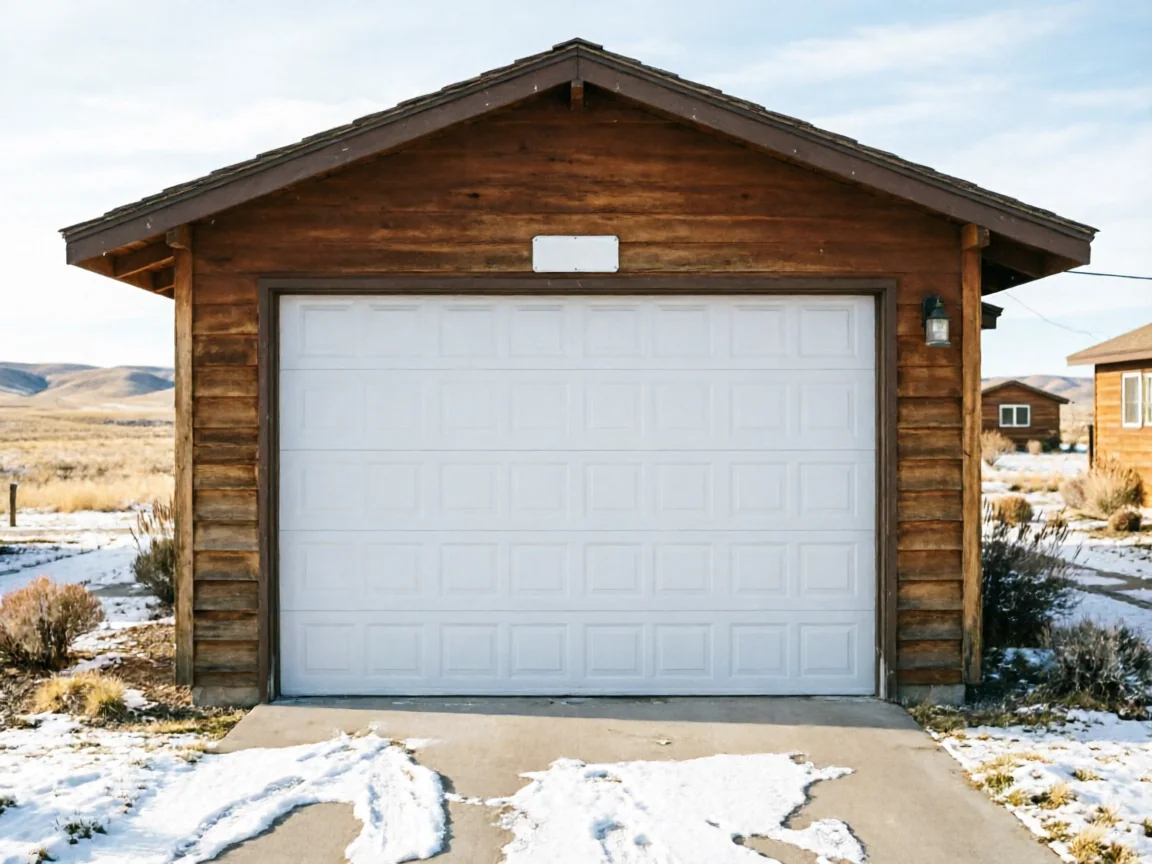 A white garage door is on a wooden garage with snow on the ground.